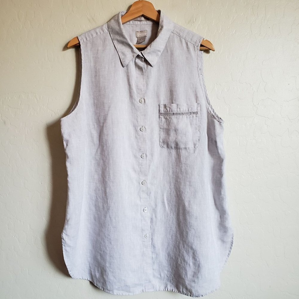 Chico's No-Iron Linen Sleeveless Button Tunic Lagenlook Neutral Sz Women's 16/18